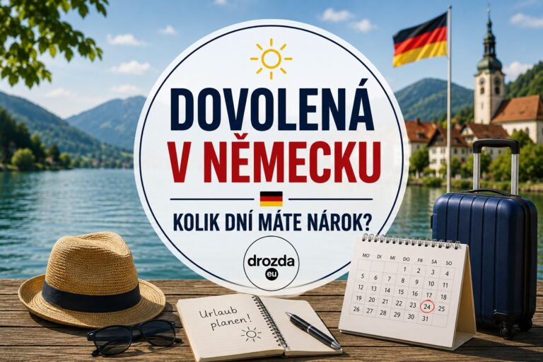 Dovolená v Německu – pracovní dovolená, kalendář a kufr u jezera s informací o nároku na dovolenou v Německu a počtu dní volna.